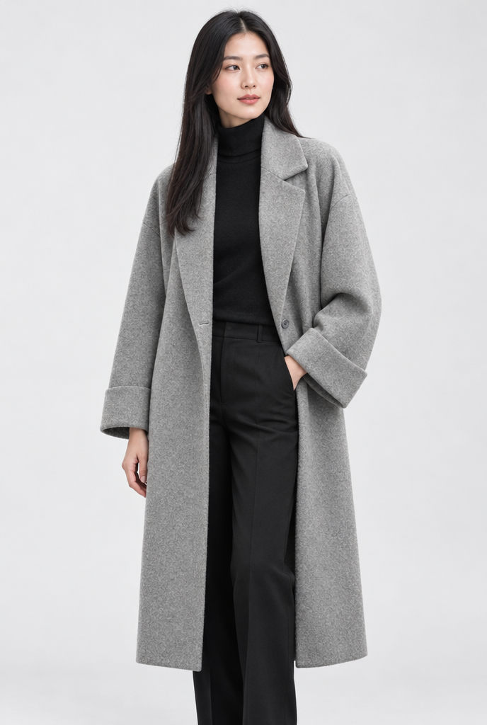 Manteau long effet laine à revers et poches — Gris — studio