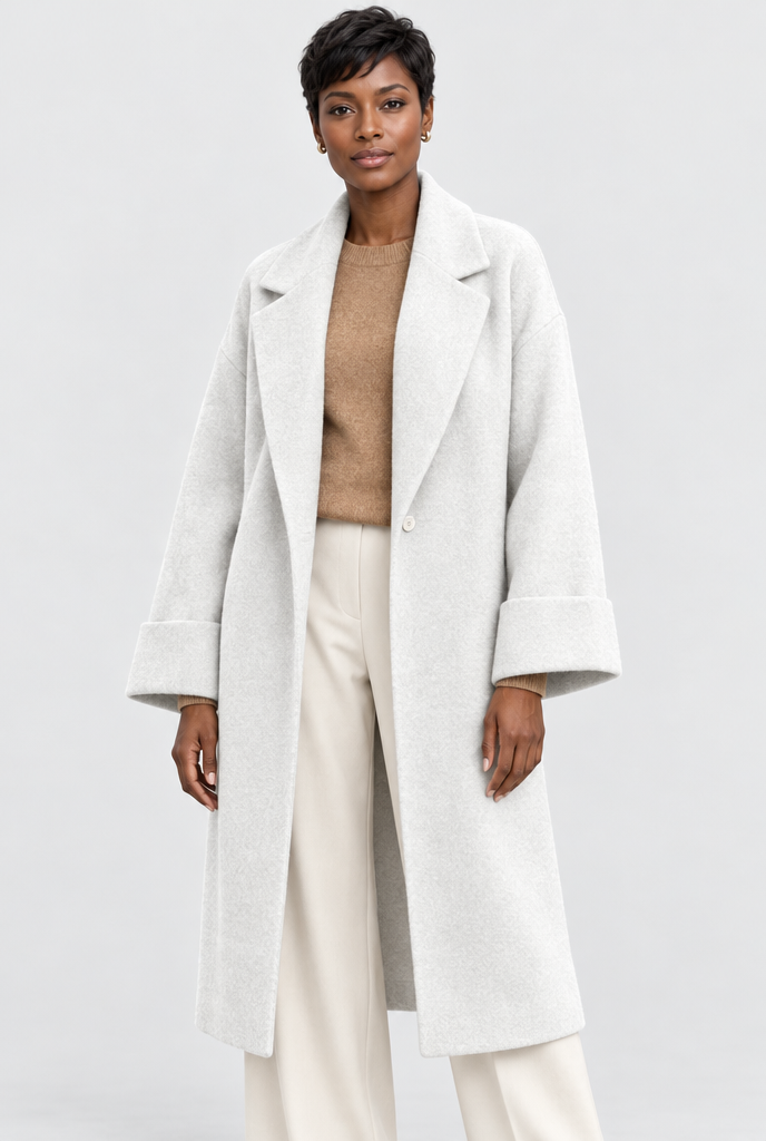 Manteau long effet laine à revers et poches — Blanc d’hiver — studio