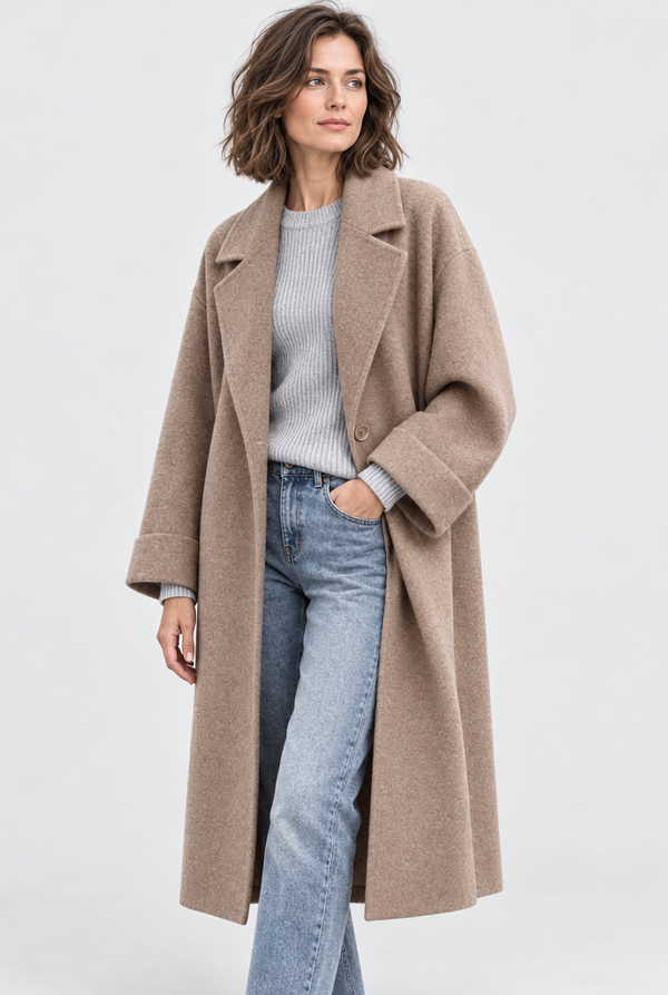 Long Wool-Look Lapel Coat with Pockets