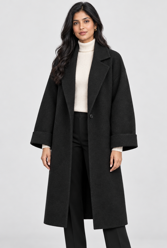 Manteau long effet laine à revers et poches — Noir — studio