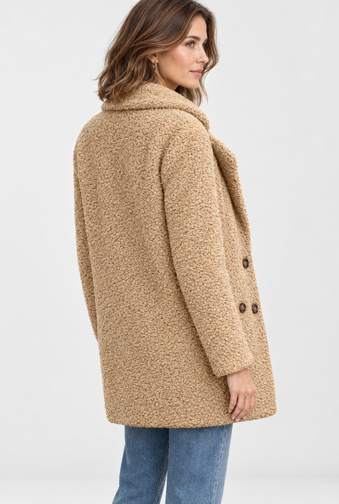 Manteau croisé teddy à grands revers — Camel — vue de dos
