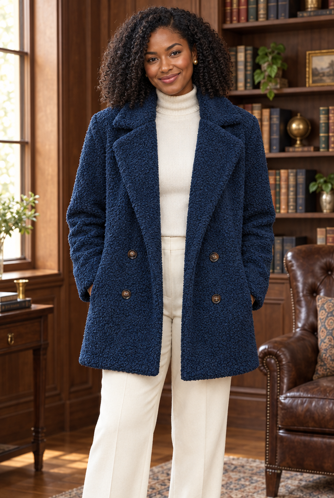 Manteau croisé teddy à grands revers — Marine — en situation