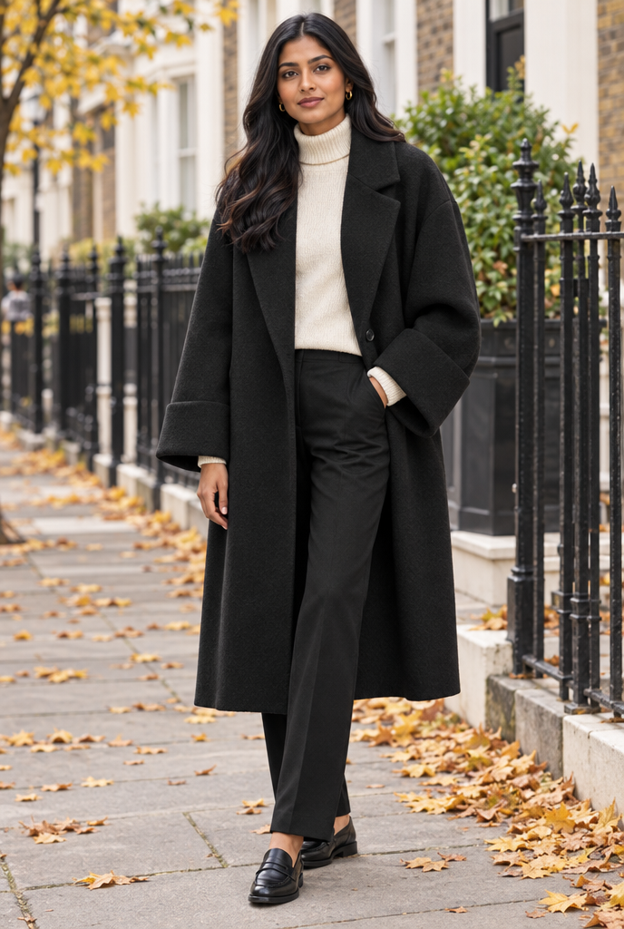 Manteau long effet laine à revers et poches — Noir — en situation