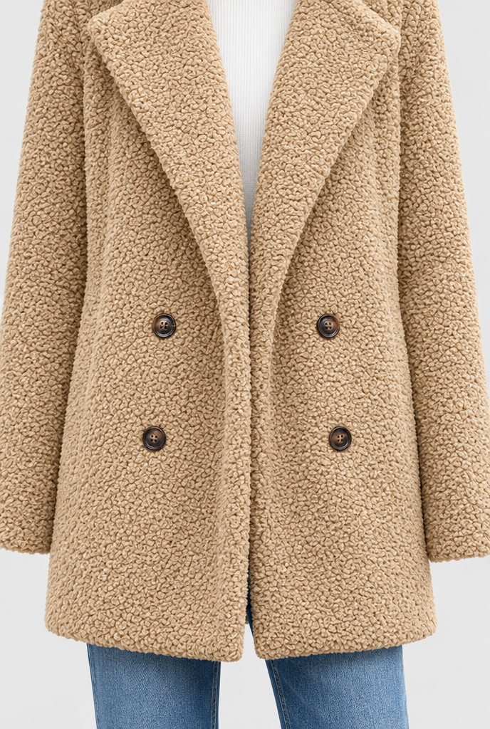 Manteau croisé teddy à grands revers — Camel — détail
