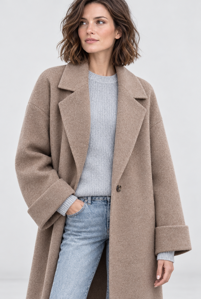 Manteau long effet laine à revers et poches — Taupe — détail du revers