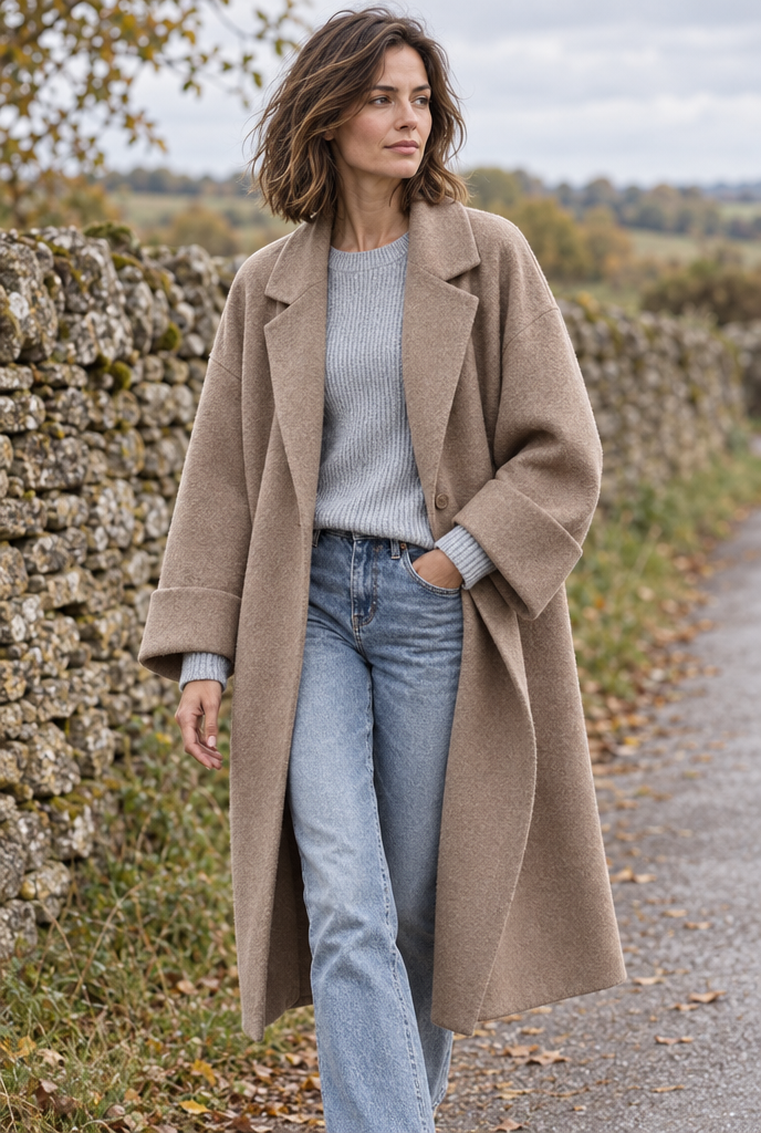 Manteau long effet laine à revers et poches — Taupe — en situation