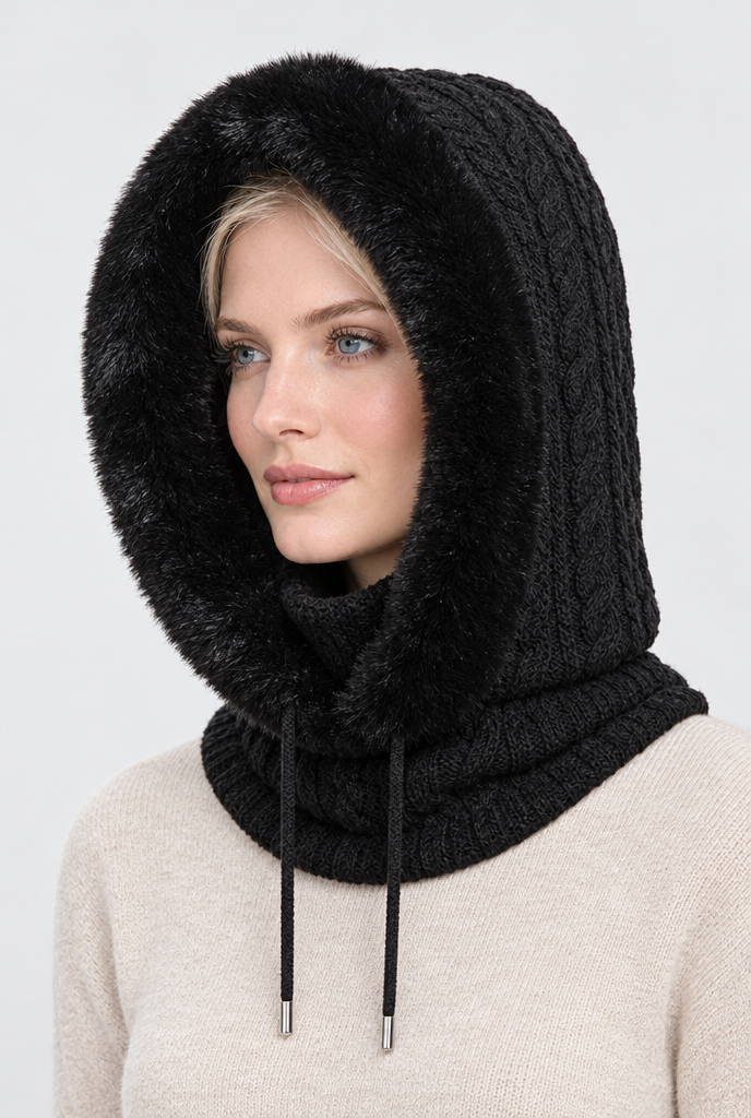 Capuche en maille bordée de fausse fourrure et tour de cou — Noir — photo principale
