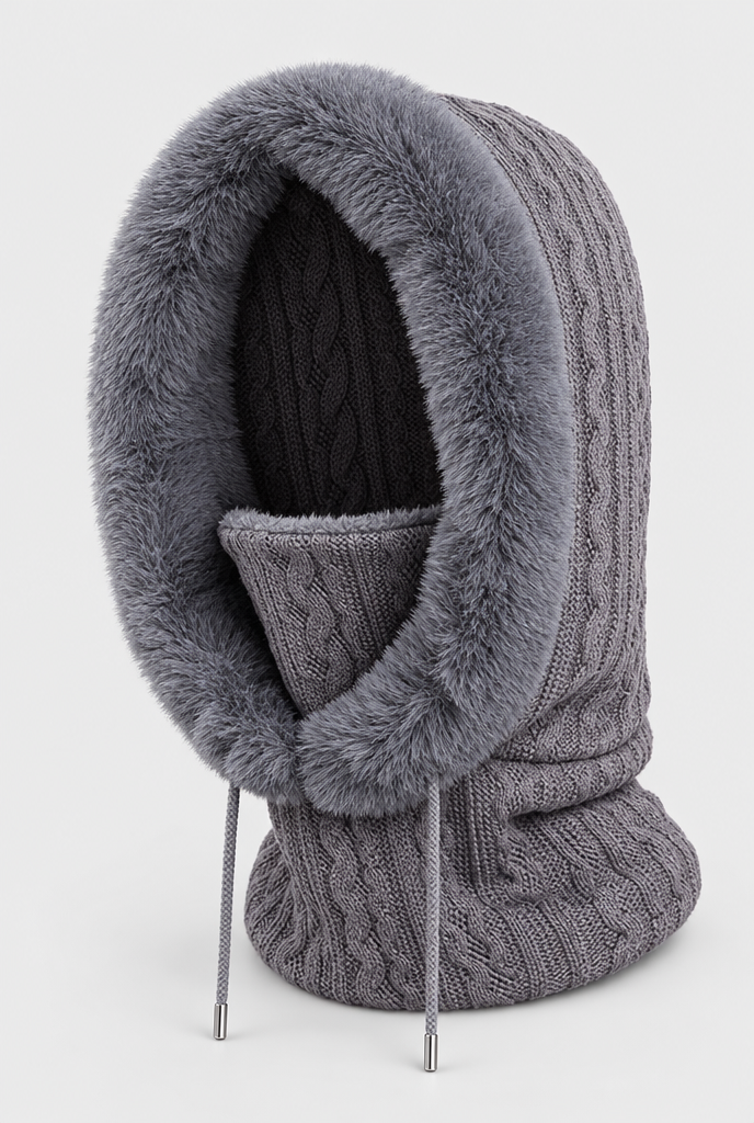 Capuche en maille bordée de fausse fourrure et tour de cou — Gris ardoise — packshot