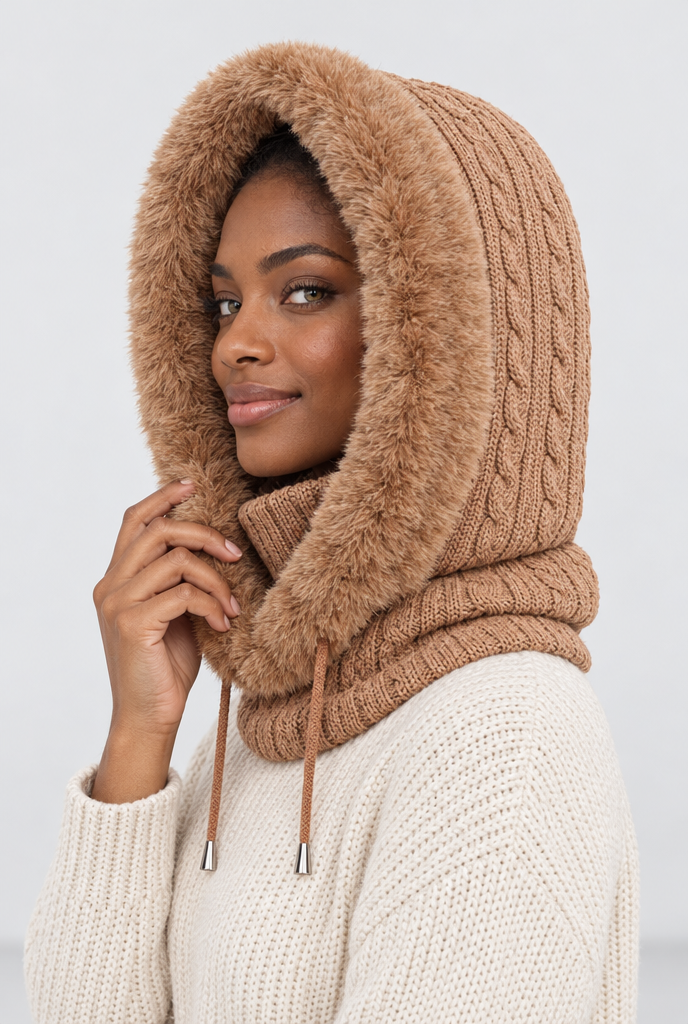 Capuche en maille bordée de fausse fourrure et tour de cou — Camel