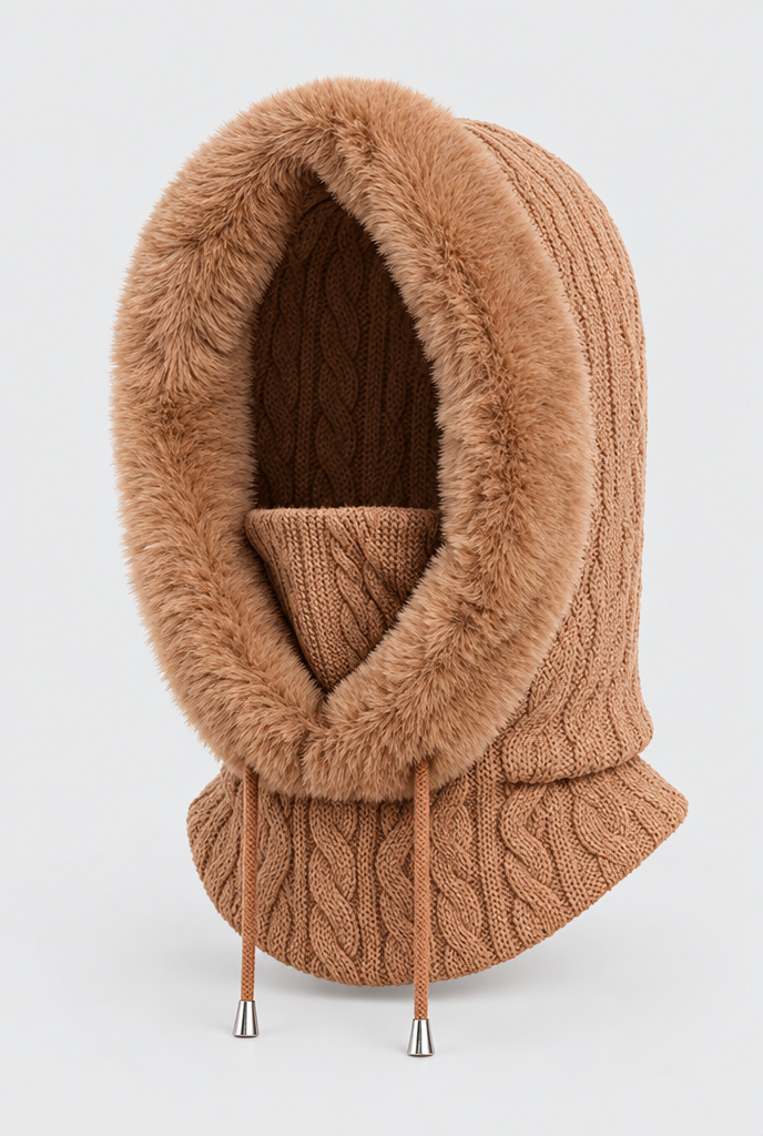 Capuche en maille bordée de fausse fourrure et tour de cou — Camel — packshot