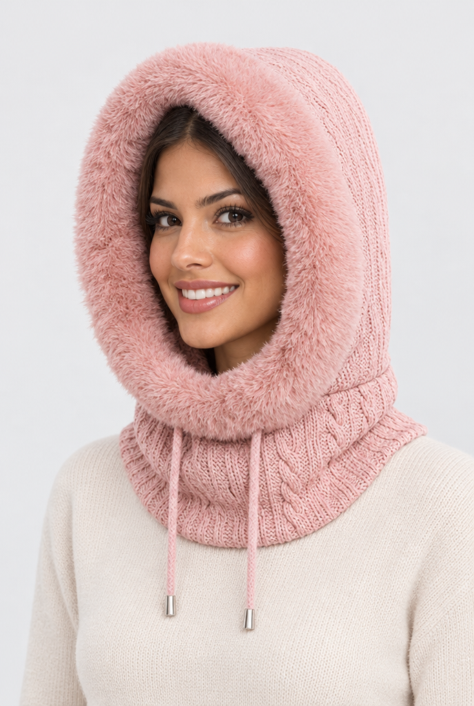 Capuche en maille bordée de fausse fourrure et tour de cou — Rose poudré — photo principale