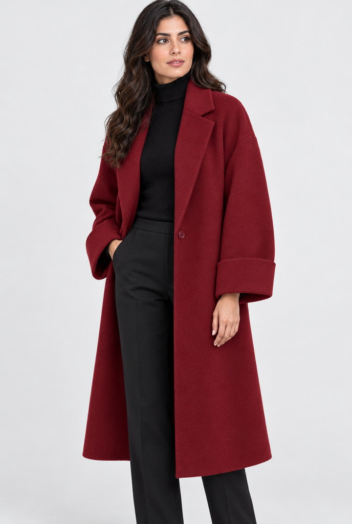 Manteau long effet laine à revers et poches — Bordeaux — studio