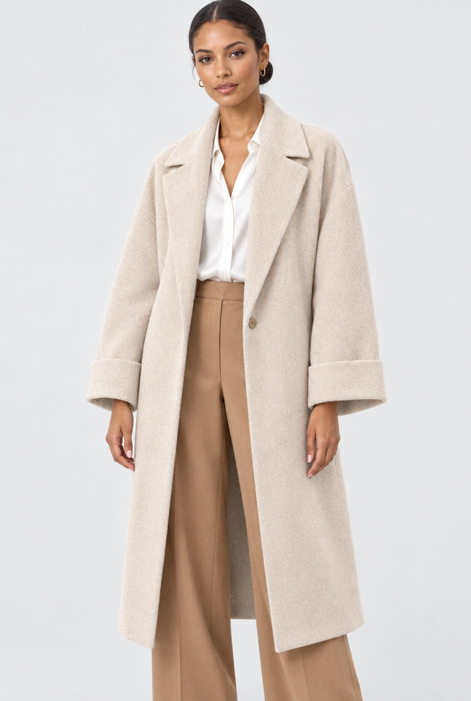 Manteau long effet laine à revers et poches — Flocon d’avoine — studio