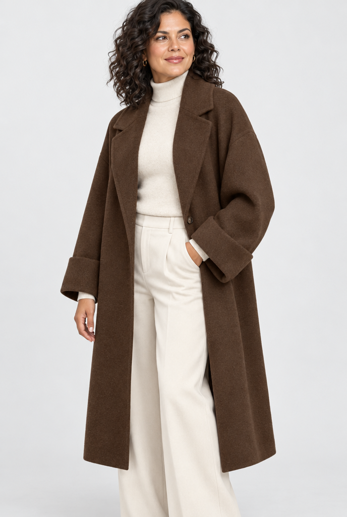 Manteau long effet laine à revers et poches — Chocolat — studio