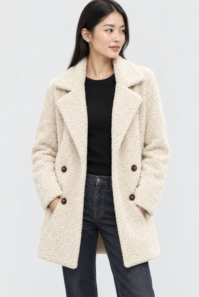 Manteau croisé teddy à grands revers — Crème — photo studio