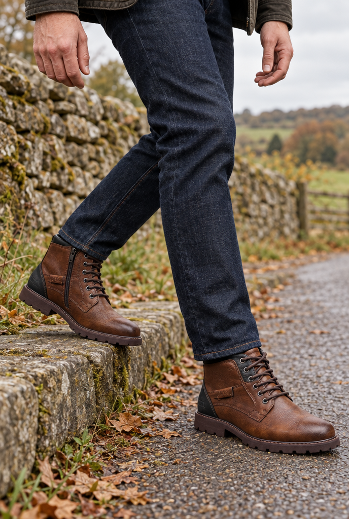 Boots à lacets et zip latéral effet cuir — Marron