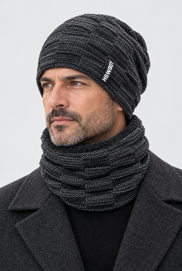 Men's Knit Beanie & Fleece-Lined Neck Warmer Set