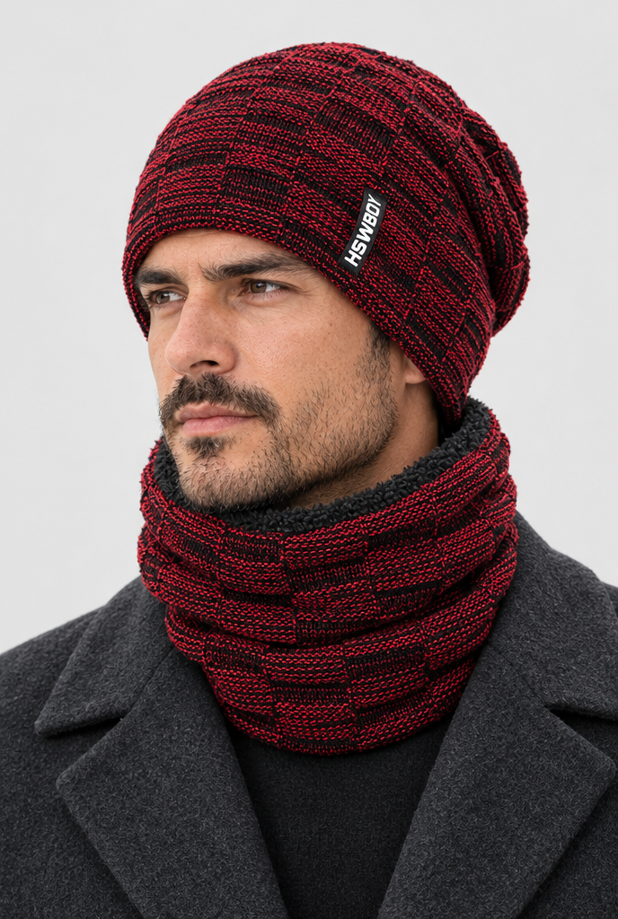 Ensemble bonnet en maille et tour de cou doublé polaire — Rouge — photo principale