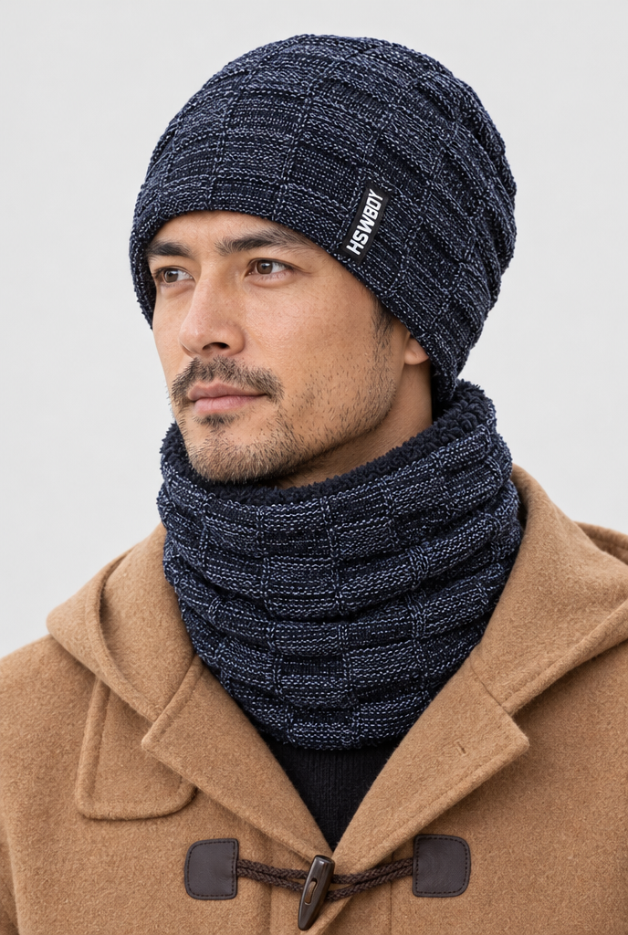 Ensemble bonnet en maille et tour de cou doublé polaire — Marine — photo principale