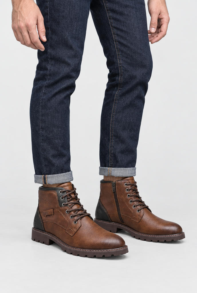 Boots à lacets et zip latéral effet cuir — Marron