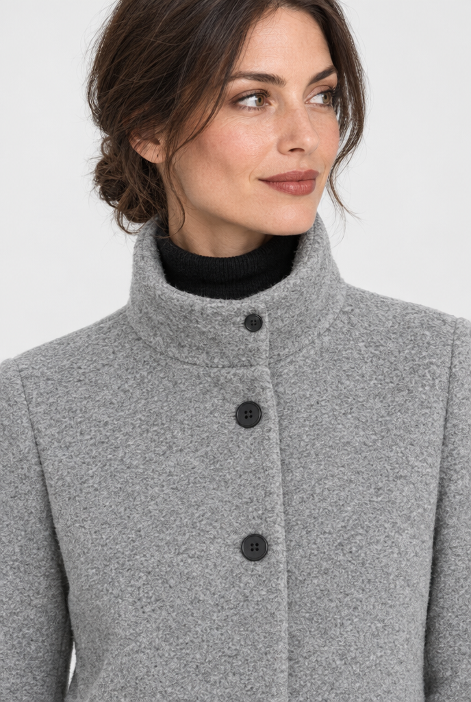 Manteau boutonné col montant effet laine — Gris chiné clair — détail du col