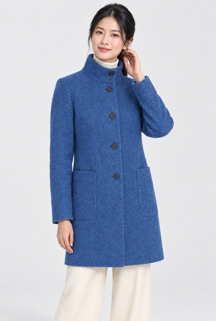 Manteau boutonné col montant effet laine — Bleu denim — photo studio