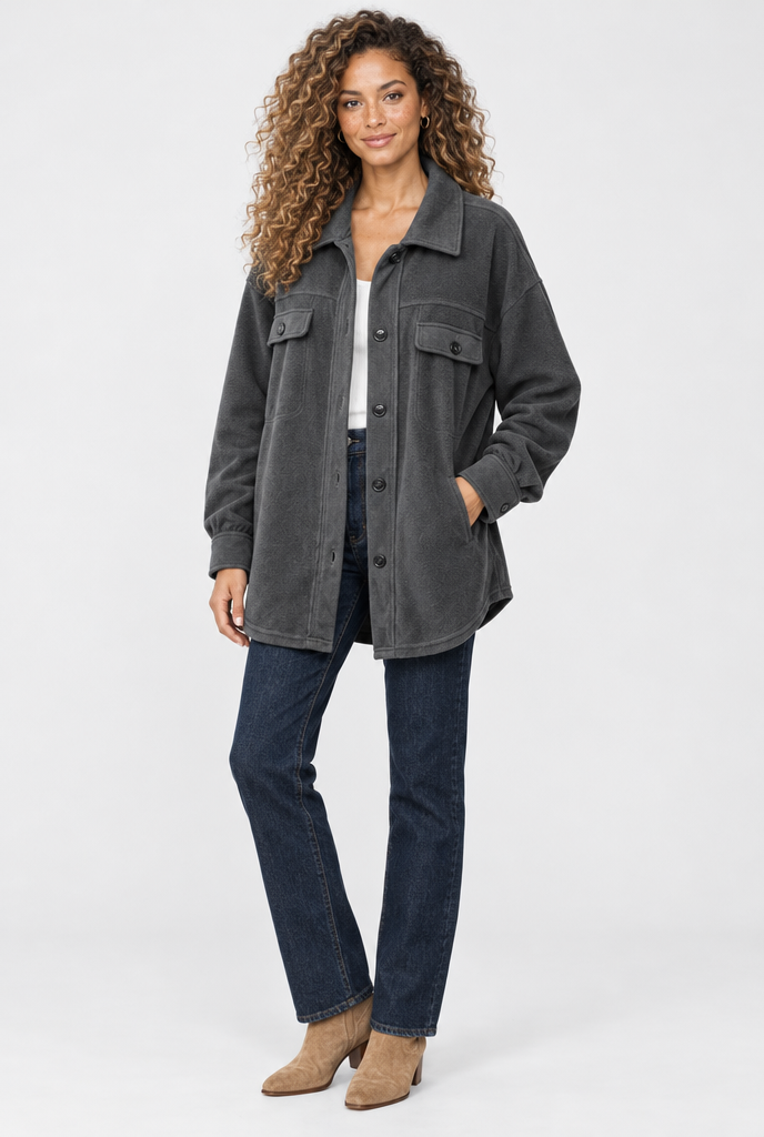 Surchemise oversize en polaire boutonnée — Anthracite — silhouette complète