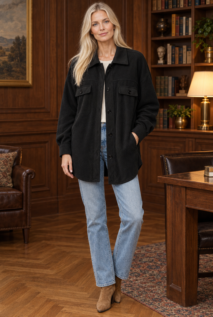 Surchemise oversize en polaire boutonnée — Noir — en situation