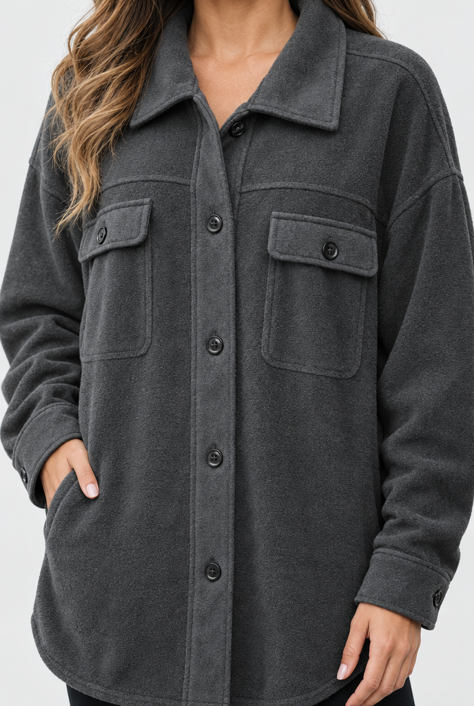 Surchemise oversize en polaire boutonnée — Anthracite — détail