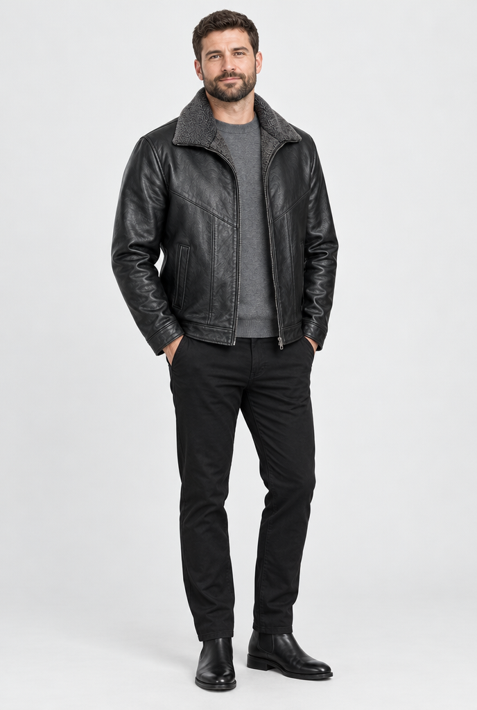 Black plush-collar faux leather jacket, full body