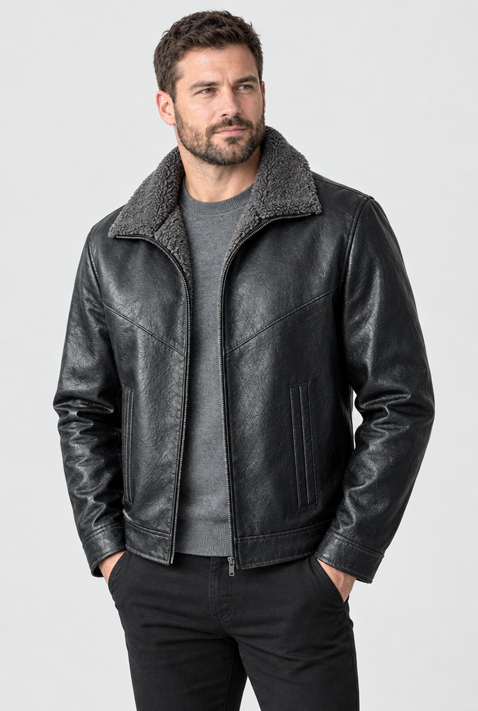 Veste zippée en simili cuir à col peluche — Noir — photo studio