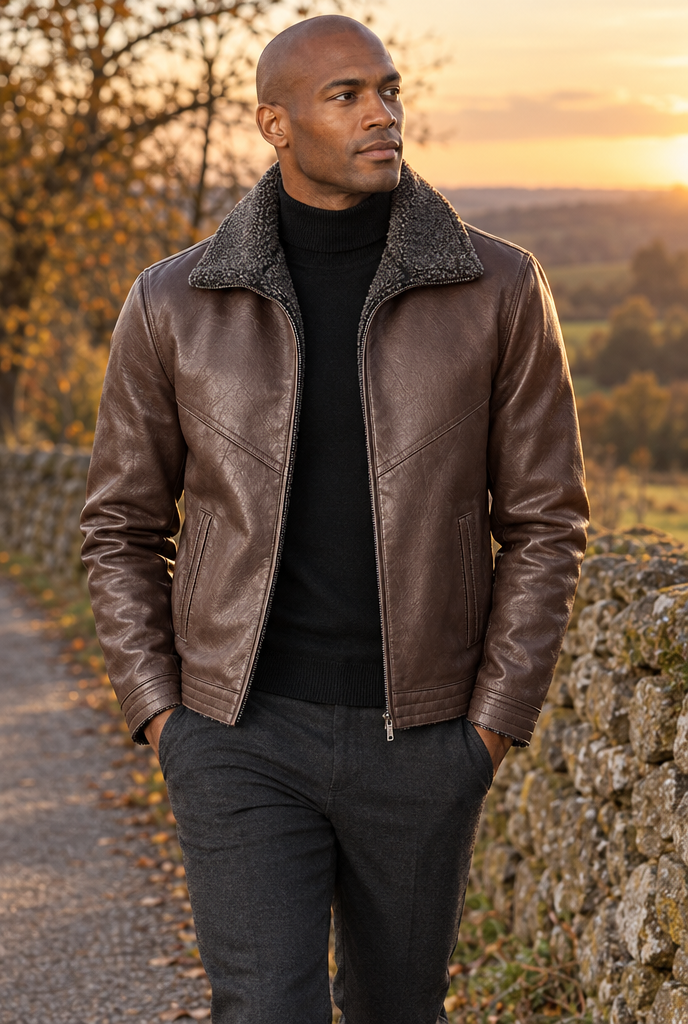 Veste zippée en simili cuir à col peluche — Expresso — en situation