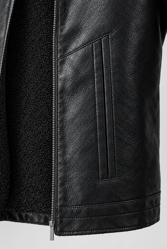 Veste zippée en simili cuir à col peluche — Noir — détail