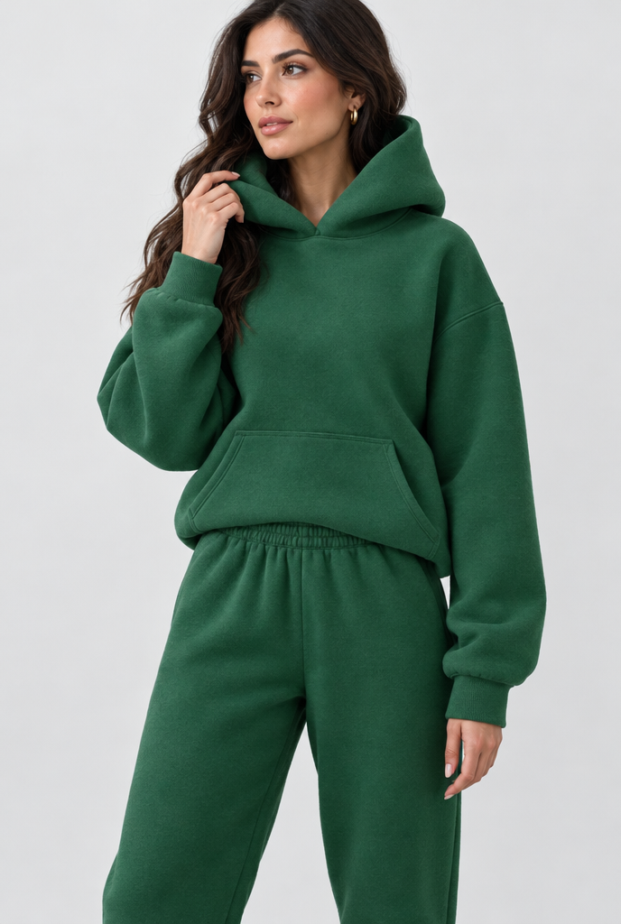 Ensemble sweat à capuche oversize et jogging en molleton — Vert forêt — photo principale