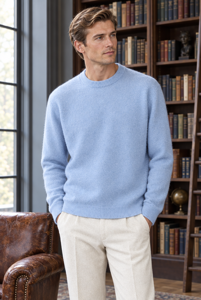 Pull col rond en maille brossée douce — Bleu ciel — en situation