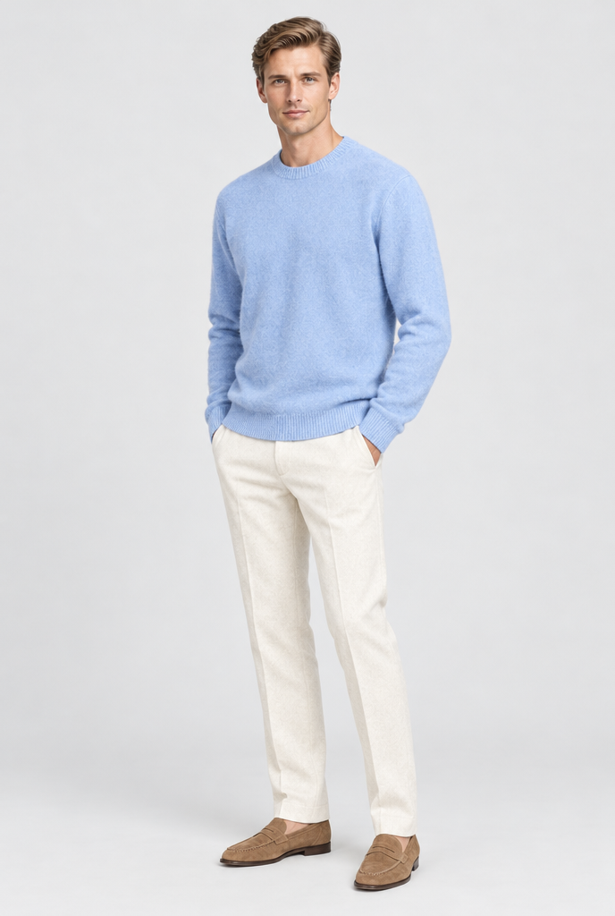Sky Blue brushed crewneck sweater, full body