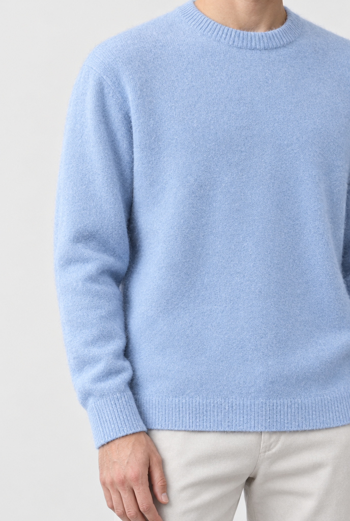 Pull col rond en maille brossée douce — Bleu ciel — détail
