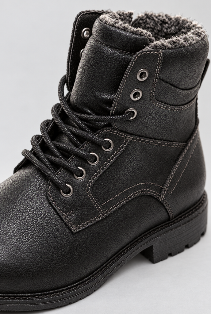 Boots d’hiver à lacets doublées fausse fourrure — Noir — gros plan matière