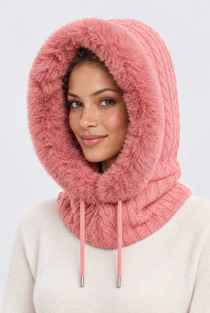 Capuche en maille bordée de fausse fourrure et tour de cou — Rose corail clair — photo principale