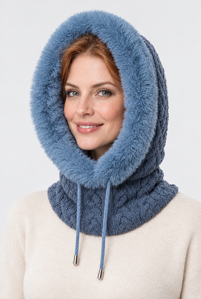 Capuche en maille bordée de fausse fourrure et tour de cou — Bleu denim — photo principale