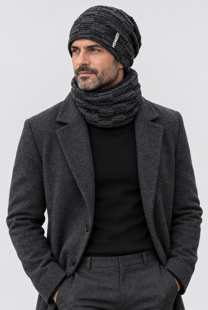 Ensemble bonnet en maille et tour de cou doublé polaire — Noir — portée, plan large