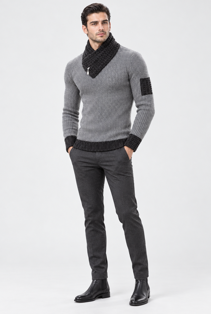 Pull côtelé à col écharpe — Gris — silhouette complète