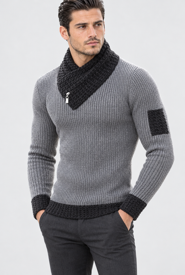 Men's Scarf-Collar Ribbed Knit Sweater