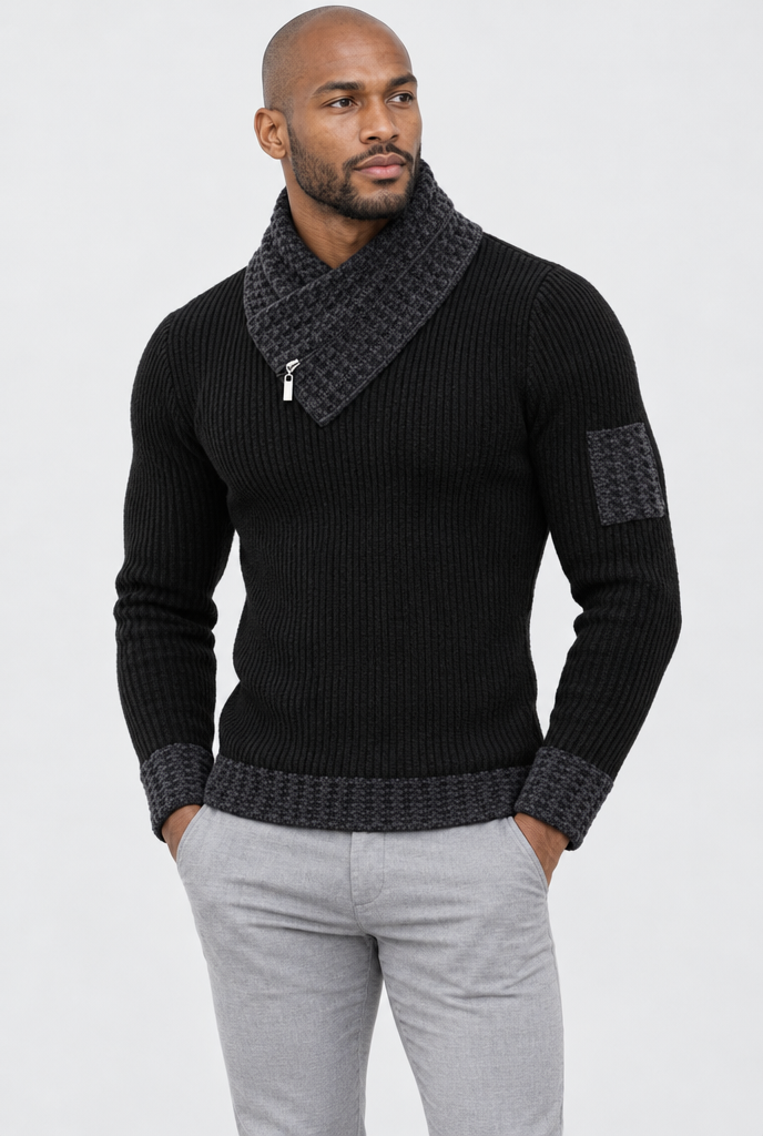 Black Scarf-Collar Ribbed Knit Sweater, studio hero
