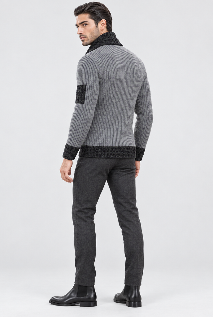 Gray Scarf-Collar Ribbed Knit Sweater, back view