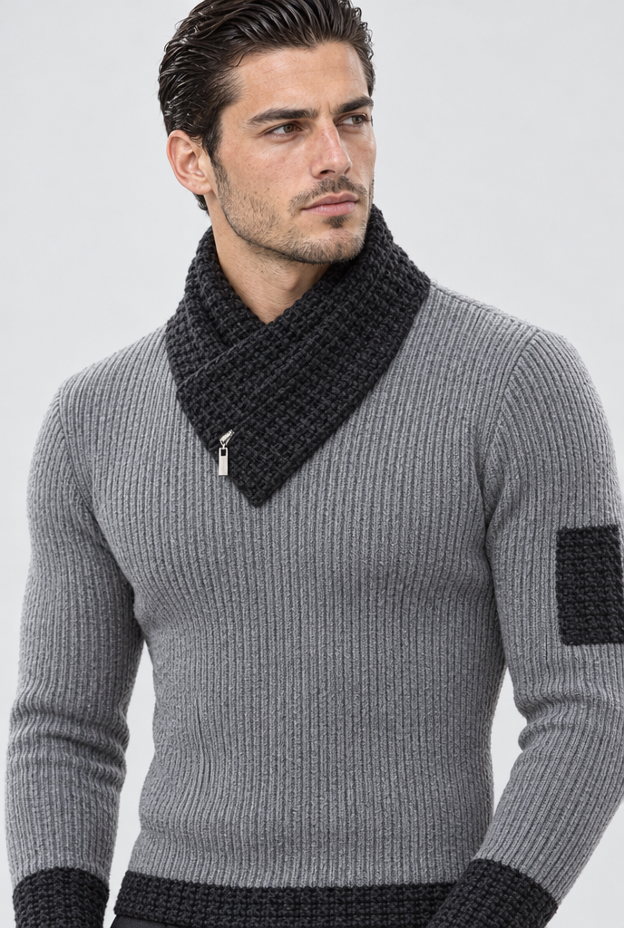 Gray Scarf-Collar Ribbed Knit Sweater, collar close-up