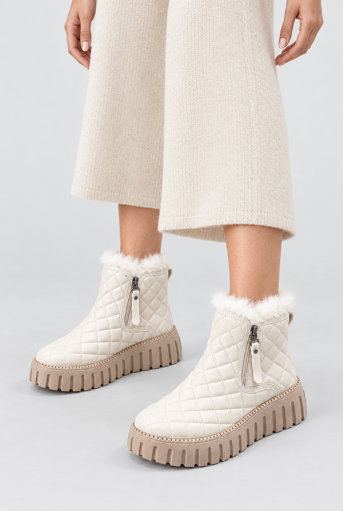 Bottines plateformes matelassées zippées doublées peluche — Crème — photo principale