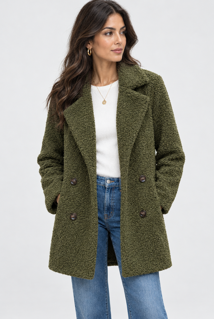 Manteau croisé teddy à grands revers — Olive — photo studio