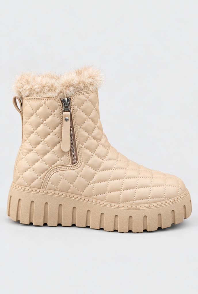 Bottines plateformes matelassées zippées doublées peluche — Sable — gros plan matière