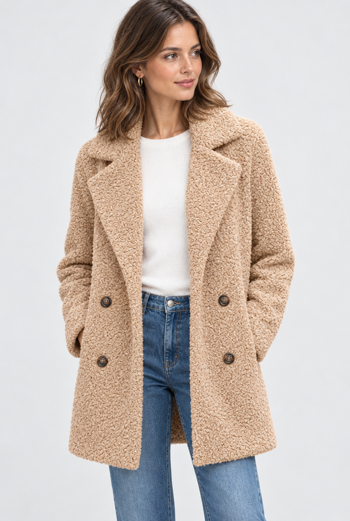 Manteau croisé teddy à grands revers — Camel — photo studio